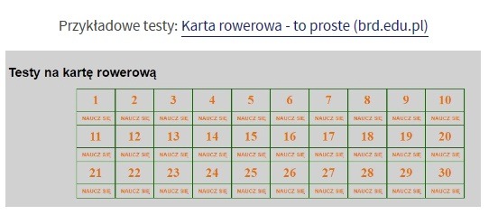 Fragment strony internetowej z przykładowymi testami na kartę rowerową.