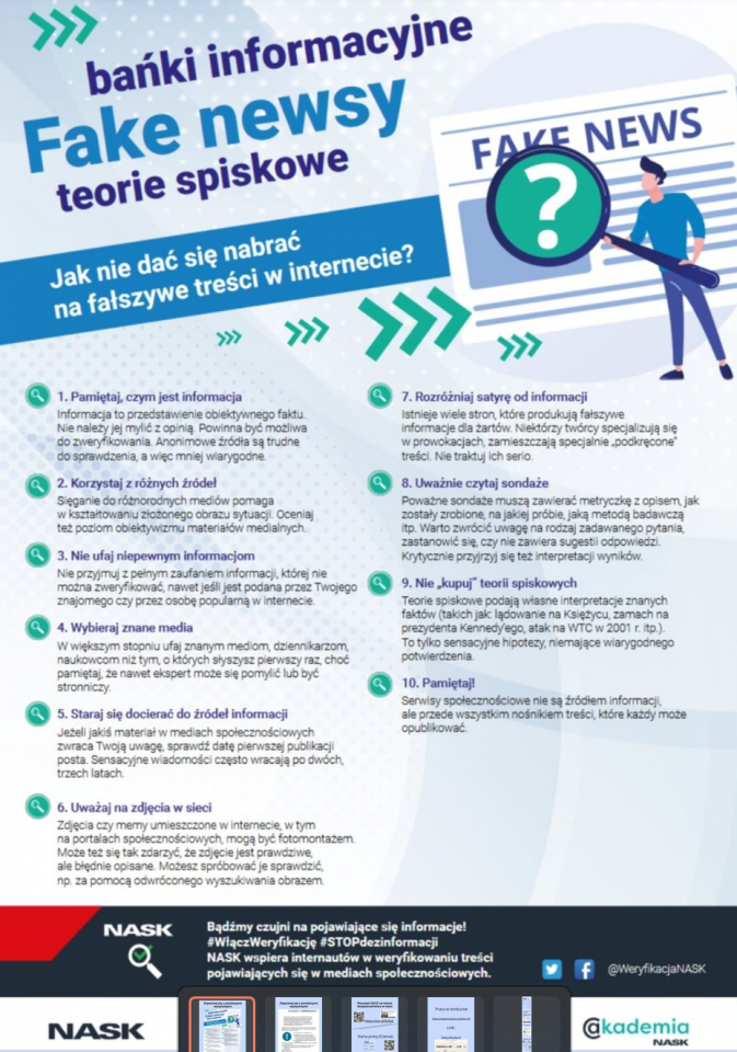 Plakat o fake newsach. Więcej info pod zdjęciem.