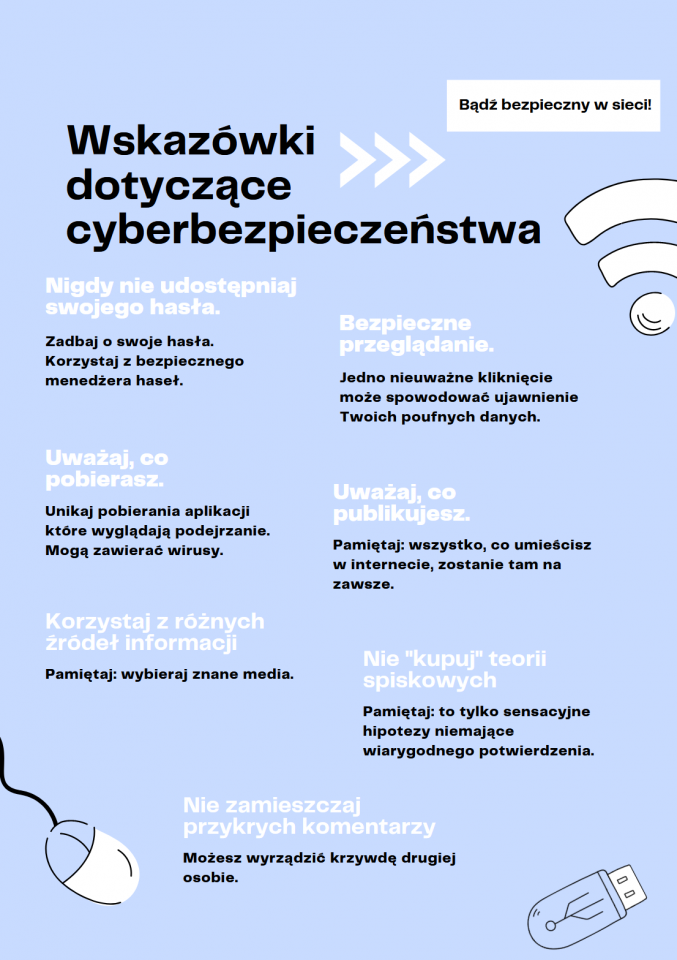 Plakat o cyberbezpieczeństwie. Więcej info pod zdjęciem.