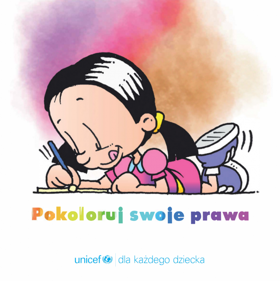 Obrazek - Dziecko rysujące na kolorowance, pod nim napis - pokoloruj swoje prawa