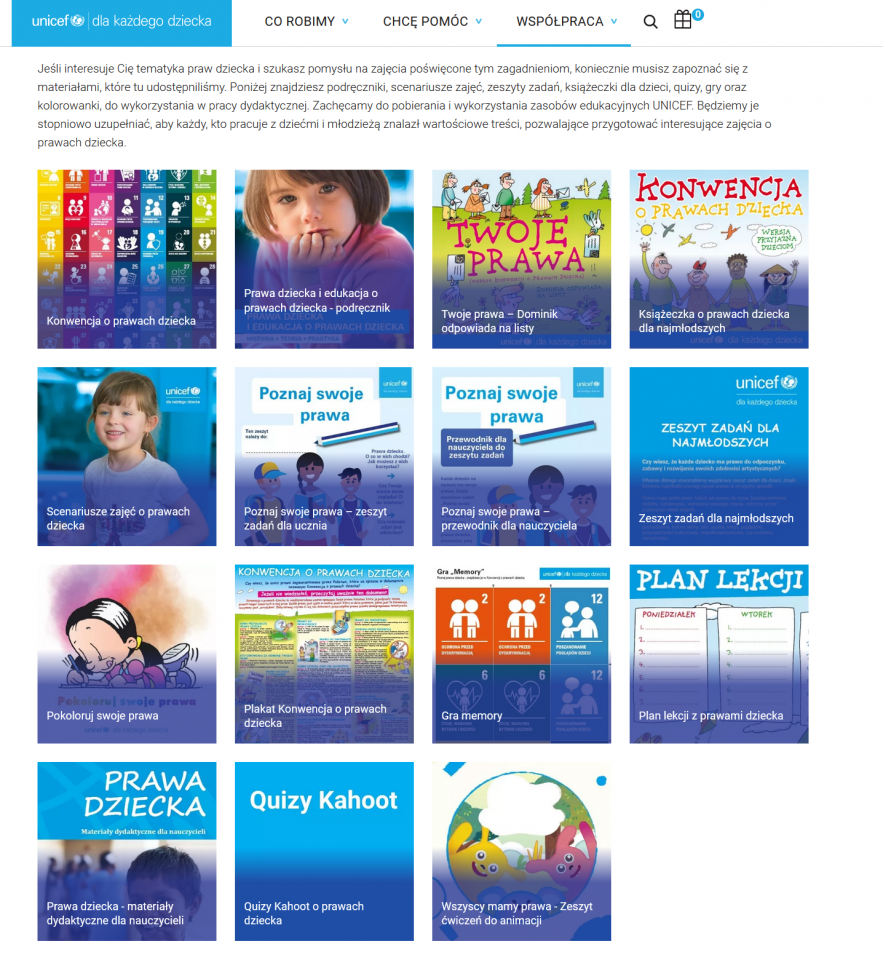 zrzut ekranu strony z UNICEF