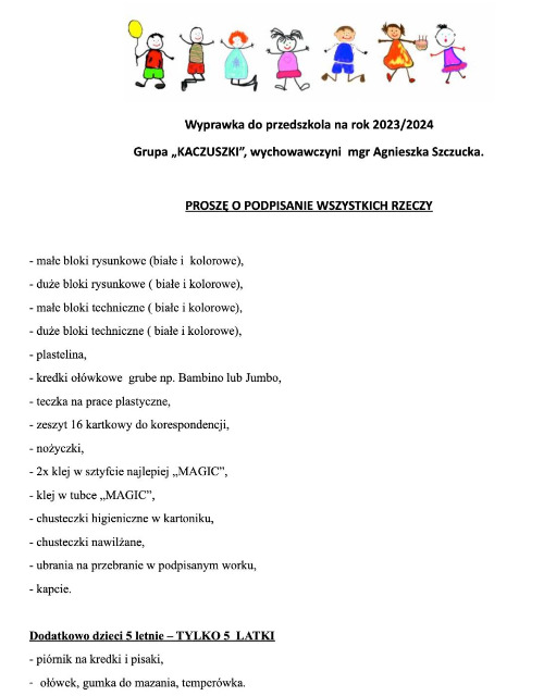 Wyprawka dla grupy KACZUSZKI. Więcej informacji pod zdjęciem