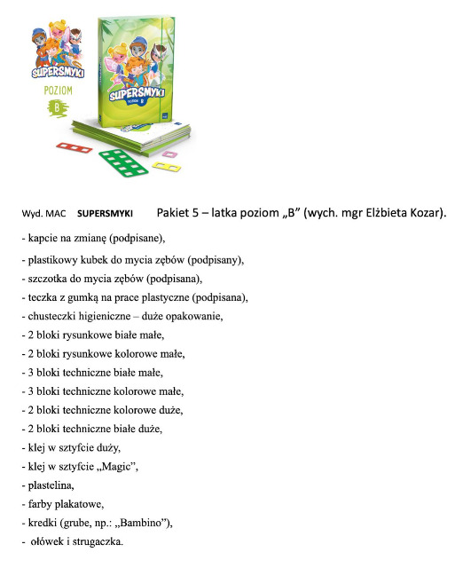 Wyprawka przedszkolaka - grupa PIRACI. Więcej informacji pod zdjęciem